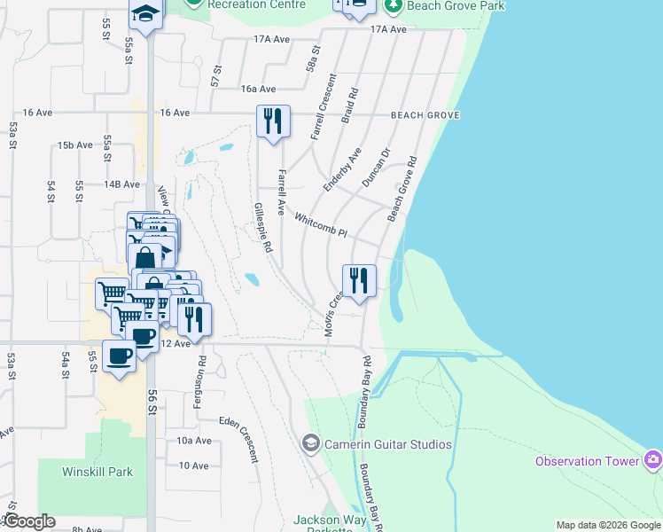 map of restaurants, bars, coffee shops, grocery stores, and more near 1360 Duncan Drive in Delta