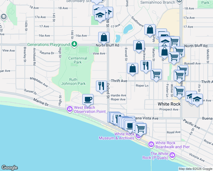 map of restaurants, bars, coffee shops, grocery stores, and more near 14799 Oxenham Avenue in White Rock