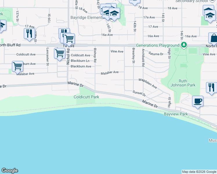 map of restaurants, bars, coffee shops, grocery stores, and more near 14230 Wheatley Avenue in White Rock