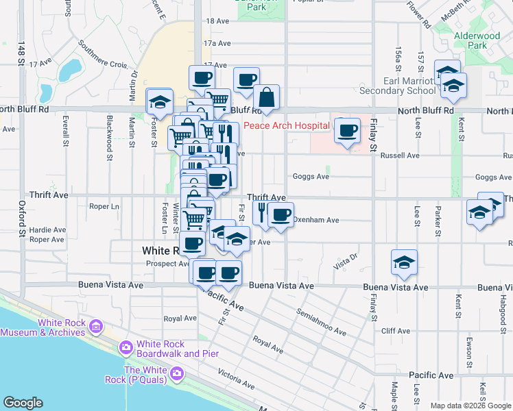 map of restaurants, bars, coffee shops, grocery stores, and more near 1379 Merklin Street in White Rock