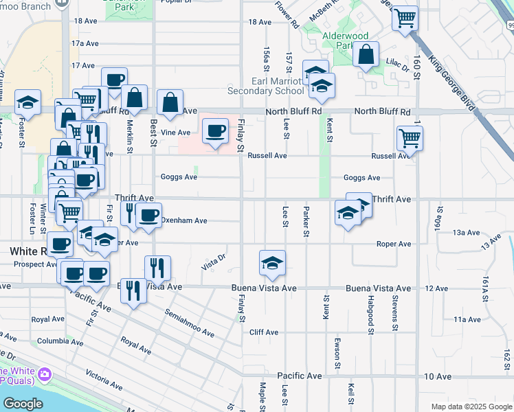 map of restaurants, bars, coffee shops, grocery stores, and more near 15632 Thrift Avenue in White Rock