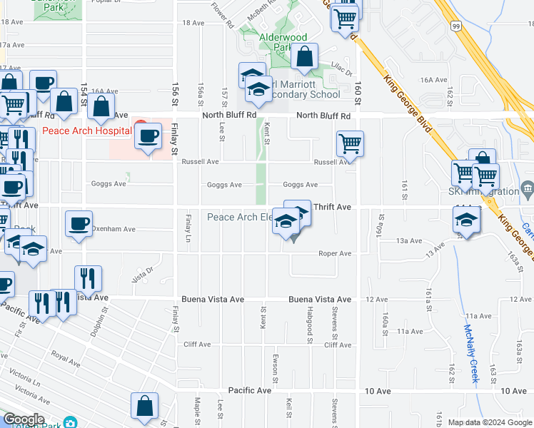 map of restaurants, bars, coffee shops, grocery stores, and more near 1385 Kent Street in White Rock