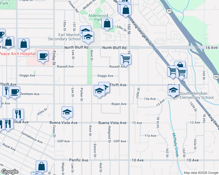 map of restaurants, bars, coffee shops, grocery stores, and more near 15894 Thrift Avenue in White Rock
