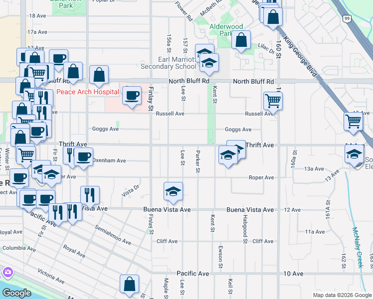 map of restaurants, bars, coffee shops, grocery stores, and more near 1388 Lee Street in White Rock