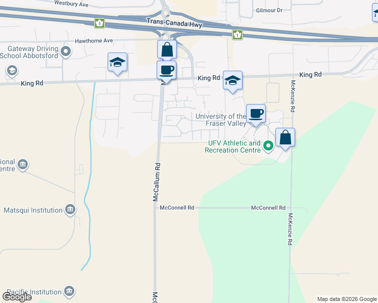 map of restaurants, bars, coffee shops, grocery stores, and more near 1374 McCallum Road in Abbotsford
