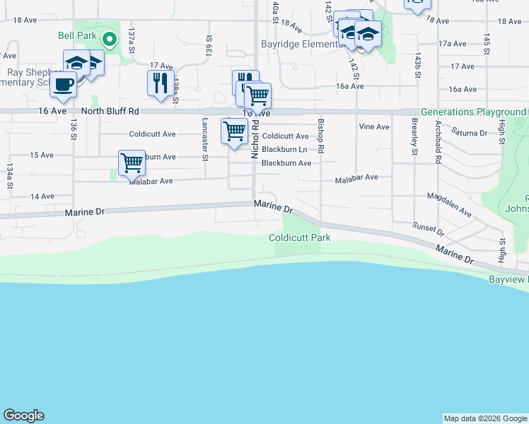 map of restaurants, bars, coffee shops, grocery stores, and more near 14020 Marine Drive in White Rock