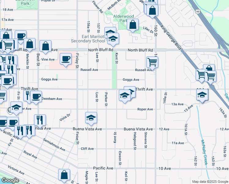 map of restaurants, bars, coffee shops, grocery stores, and more near 1389 Kent Street in White Rock