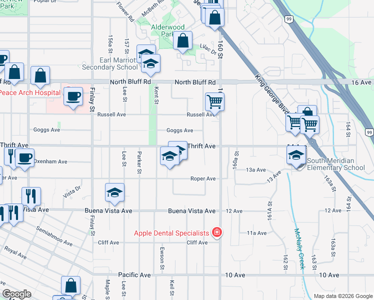 map of restaurants, bars, coffee shops, grocery stores, and more near 15894 Thrift Avenue in White Rock