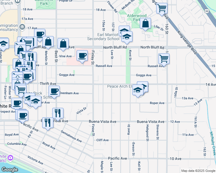 map of restaurants, bars, coffee shops, grocery stores, and more near 15682 Thrift Avenue in White Rock