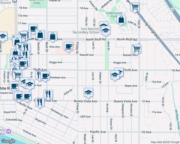 map of restaurants, bars, coffee shops, grocery stores, and more near 15682 Thrift Avenue in White Rock