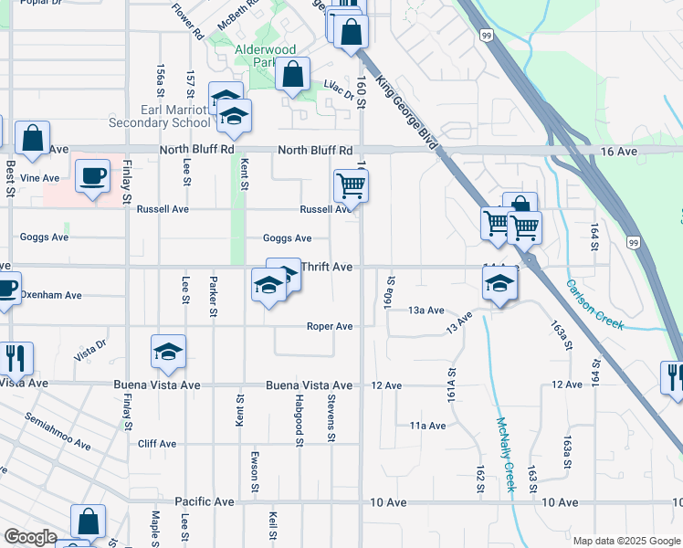 map of restaurants, bars, coffee shops, grocery stores, and more near 15970 Thrift Avenue in White Rock