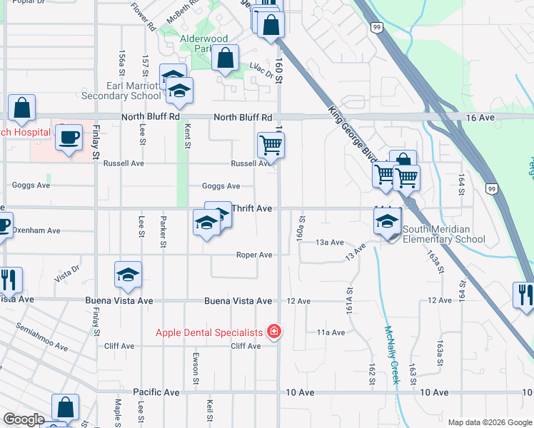 map of restaurants, bars, coffee shops, grocery stores, and more near 15980 Thrift Avenue in White Rock