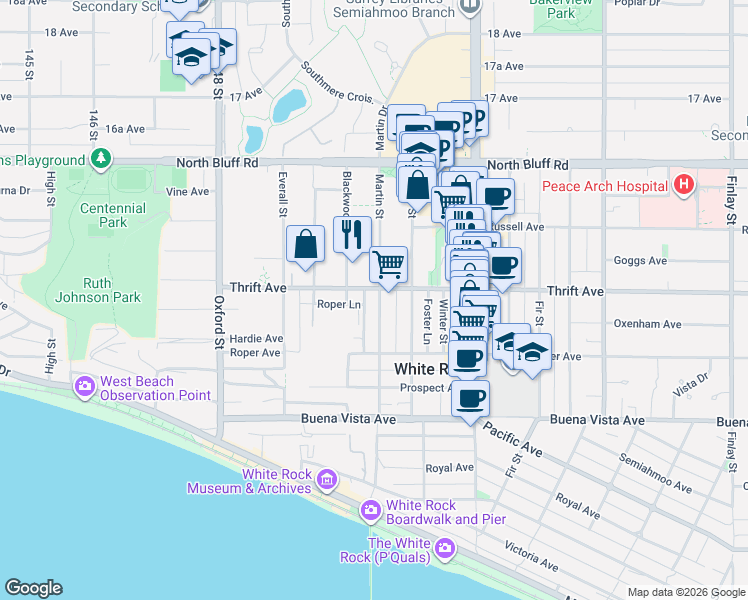 map of restaurants, bars, coffee shops, grocery stores, and more near 1381 Martin Street in White Rock