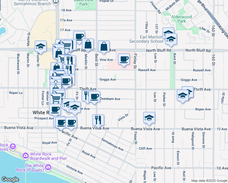 map of restaurants, bars, coffee shops, grocery stores, and more near 15492 Thrift Avenue in White Rock