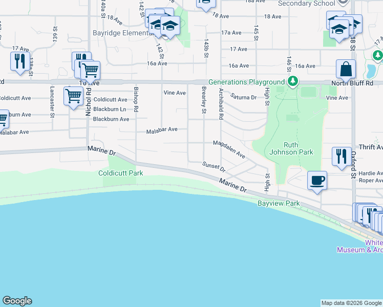 map of restaurants, bars, coffee shops, grocery stores, and more near 1388 Kerfoot Road in White Rock