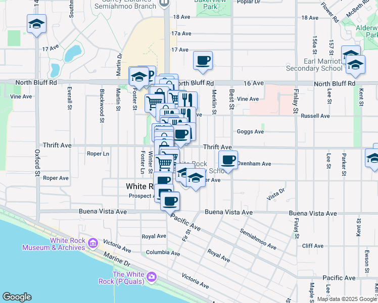 map of restaurants, bars, coffee shops, grocery stores, and more near in White Rock