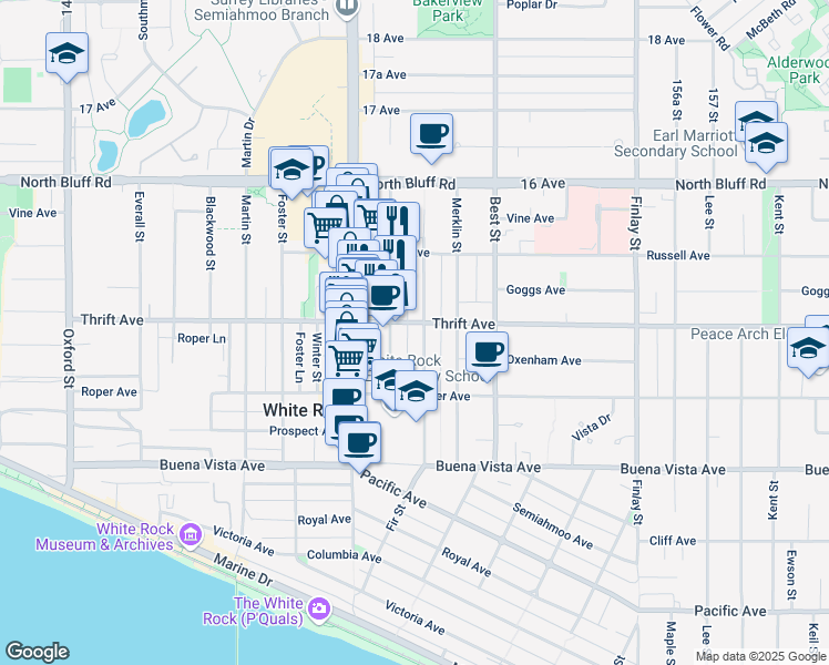 map of restaurants, bars, coffee shops, grocery stores, and more near 15290 Thrift Avenue in White Rock