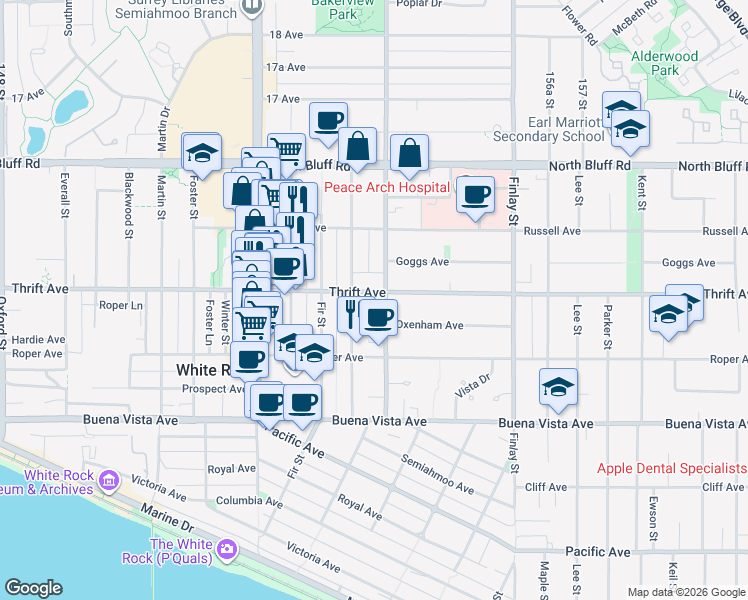 map of restaurants, bars, coffee shops, grocery stores, and more near 15380 Thrift Avenue in White Rock