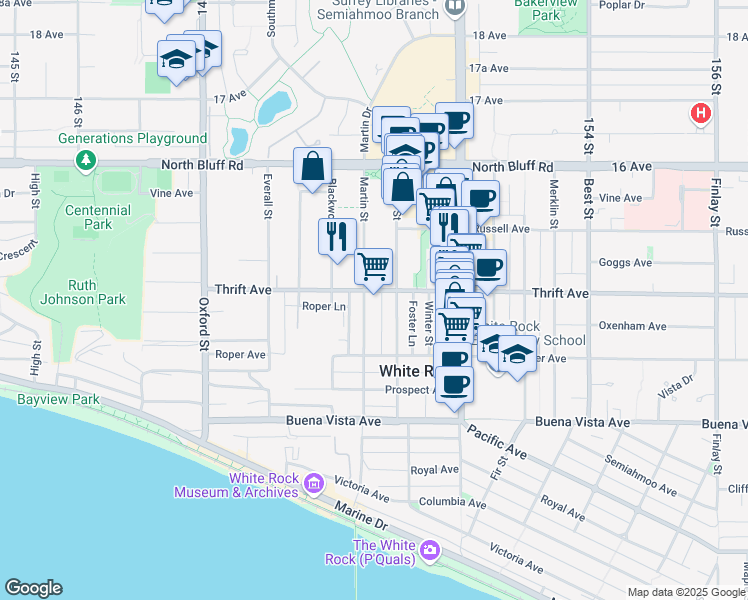 map of restaurants, bars, coffee shops, grocery stores, and more near 1390 Martin Street in White Rock