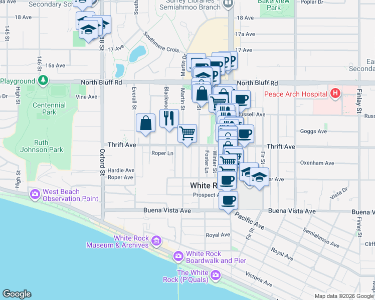 map of restaurants, bars, coffee shops, grocery stores, and more near 1390 Martin Street in White Rock