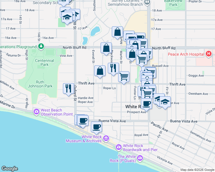map of restaurants, bars, coffee shops, grocery stores, and more near 14950 Thrift Avenue in White Rock
