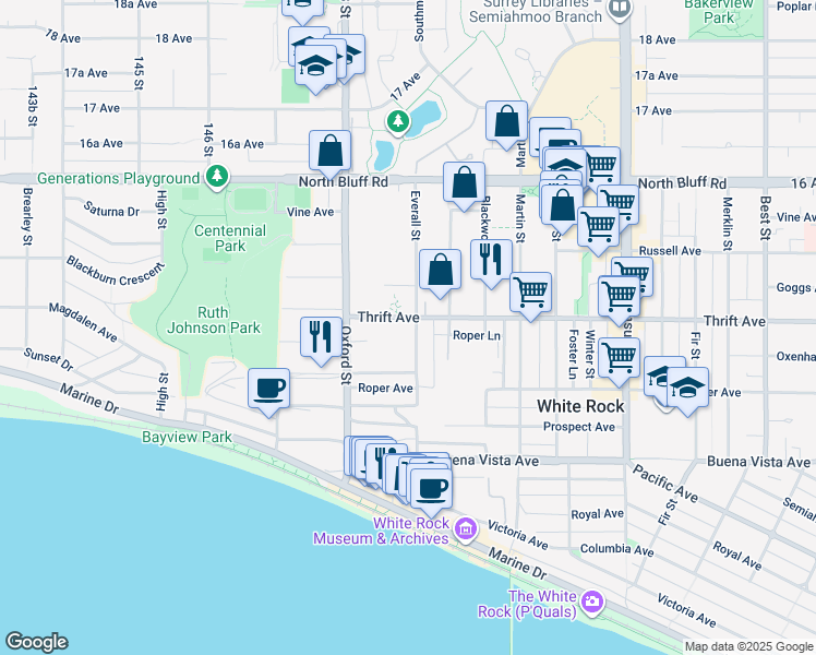 map of restaurants, bars, coffee shops, grocery stores, and more near 1381 Everall Street in White Rock