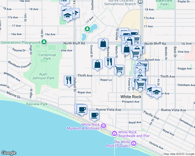 map of restaurants, bars, coffee shops, grocery stores, and more near 14934 Thrift Avenue in White Rock