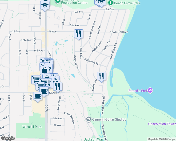 map of restaurants, bars, coffee shops, grocery stores, and more near 1348 Enderby Avenue in Delta