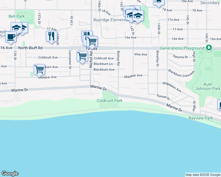 map of restaurants, bars, coffee shops, grocery stores, and more near 14109 Marine Drive in White Rock