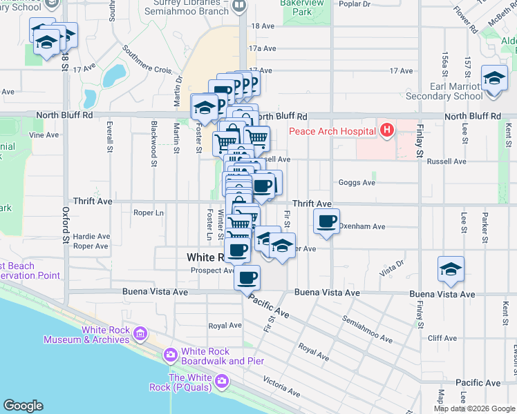 map of restaurants, bars, coffee shops, grocery stores, and more near 15240 Thrift Avenue in White Rock