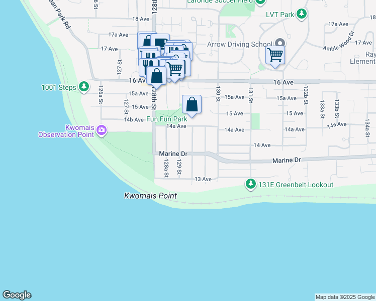 map of restaurants, bars, coffee shops, grocery stores, and more near 1383 129A Street in Surrey