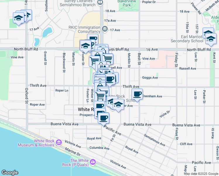map of restaurants, bars, coffee shops, grocery stores, and more near in White Rock