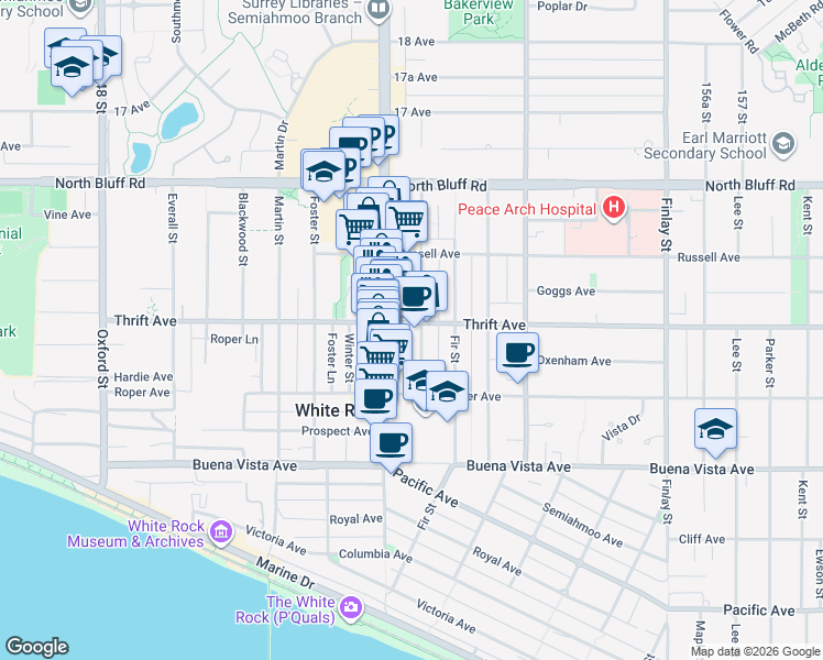 map of restaurants, bars, coffee shops, grocery stores, and more near 15240 Thrift Avenue in White Rock