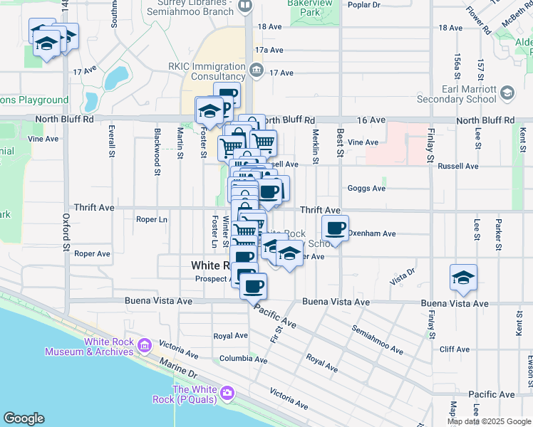 map of restaurants, bars, coffee shops, grocery stores, and more near 15240 Thrift Avenue in White Rock