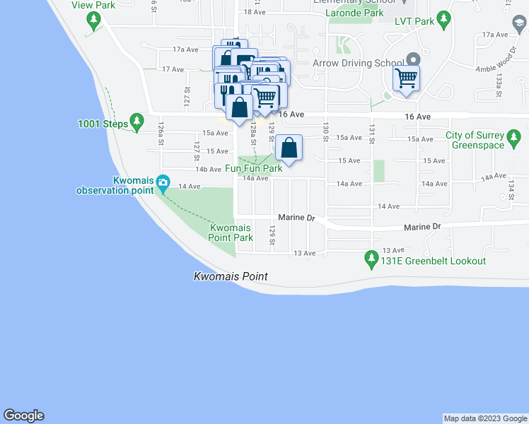 map of restaurants, bars, coffee shops, grocery stores, and more near 12863 Marine Drive in Surrey
