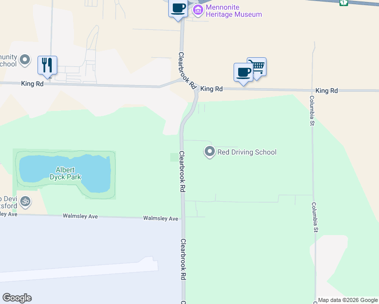 map of restaurants, bars, coffee shops, grocery stores, and more near 1374 Clearbrook Road in Abbotsford
