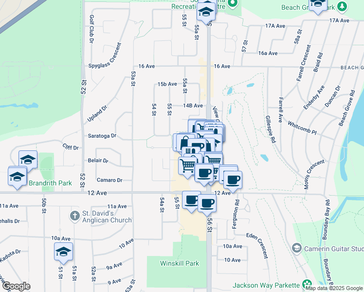 map of restaurants, bars, coffee shops, grocery stores, and more near 5555 13A Avenue in Tsawwassen