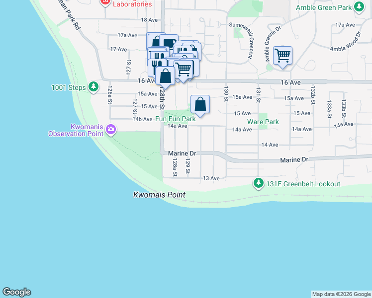 map of restaurants, bars, coffee shops, grocery stores, and more near 12873 Marine Drive in Surrey