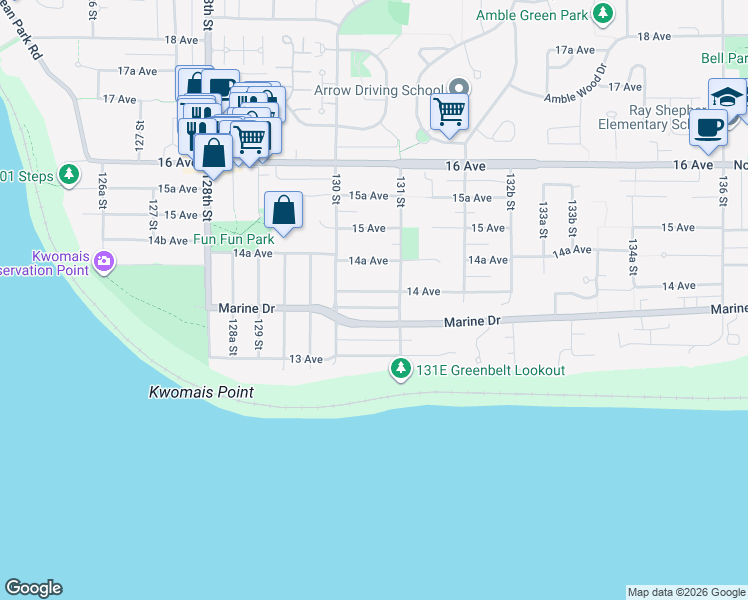 map of restaurants, bars, coffee shops, grocery stores, and more near 13058 14 Avenue in Surrey