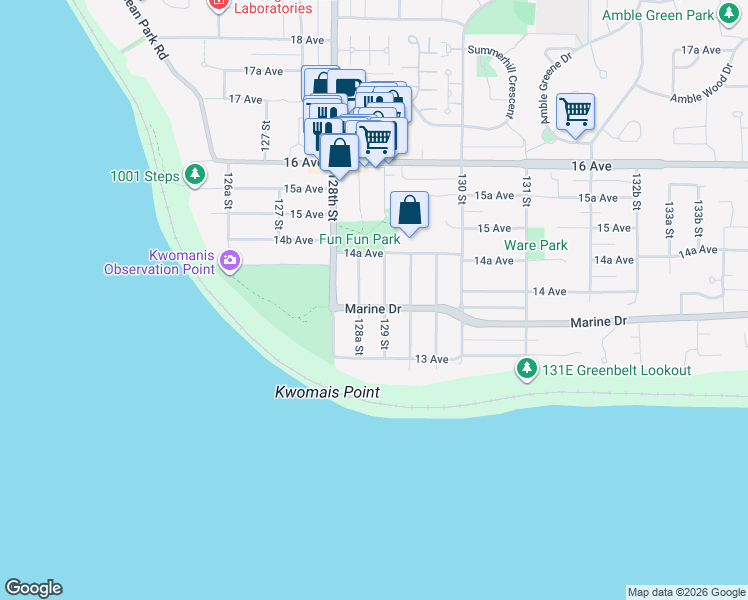 map of restaurants, bars, coffee shops, grocery stores, and more near 12863 Marine Drive in Surrey