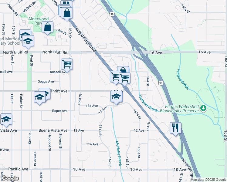 map of restaurants, bars, coffee shops, grocery stores, and more near 14 Avenue in Surrey