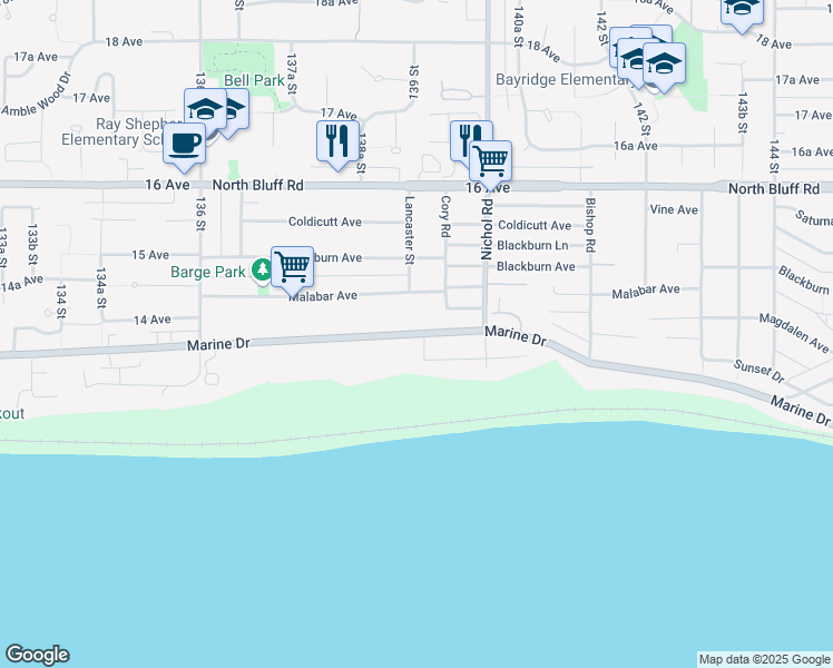 map of restaurants, bars, coffee shops, grocery stores, and more near 13900 Marine Drive in White Rock