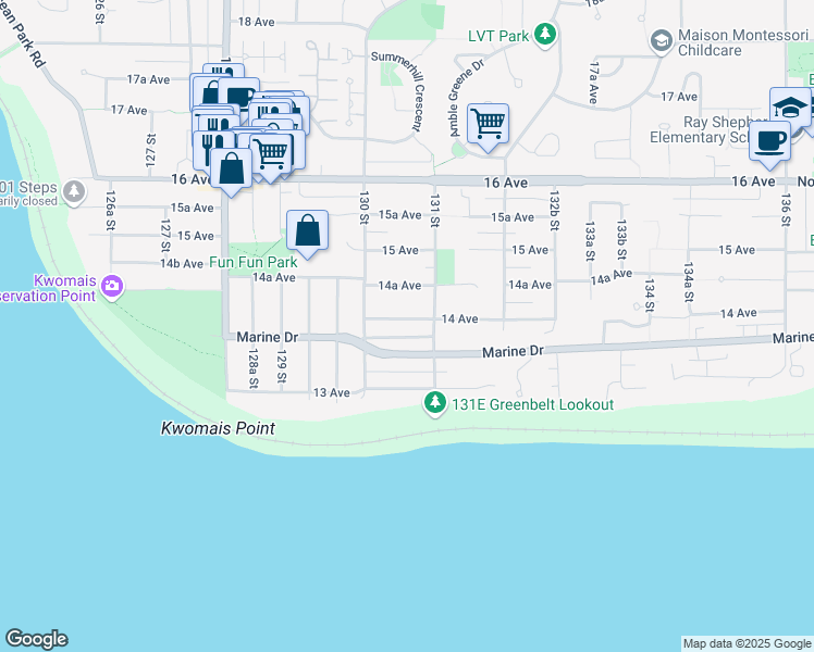 map of restaurants, bars, coffee shops, grocery stores, and more near 13058 14 Avenue in Surrey