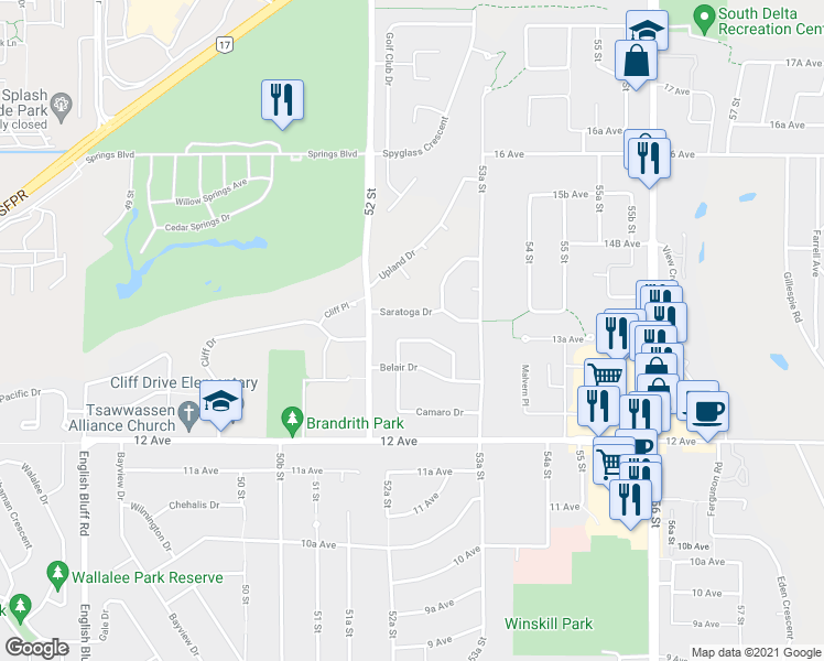 map of restaurants, bars, coffee shops, grocery stores, and more near 5265 Belair Crescent in Delta