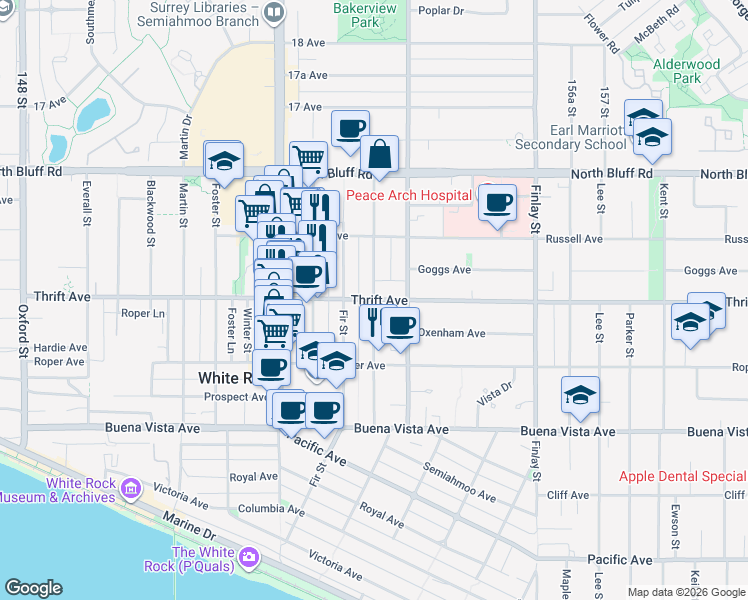 map of restaurants, bars, coffee shops, grocery stores, and more near Thrift Avenue in White Rock