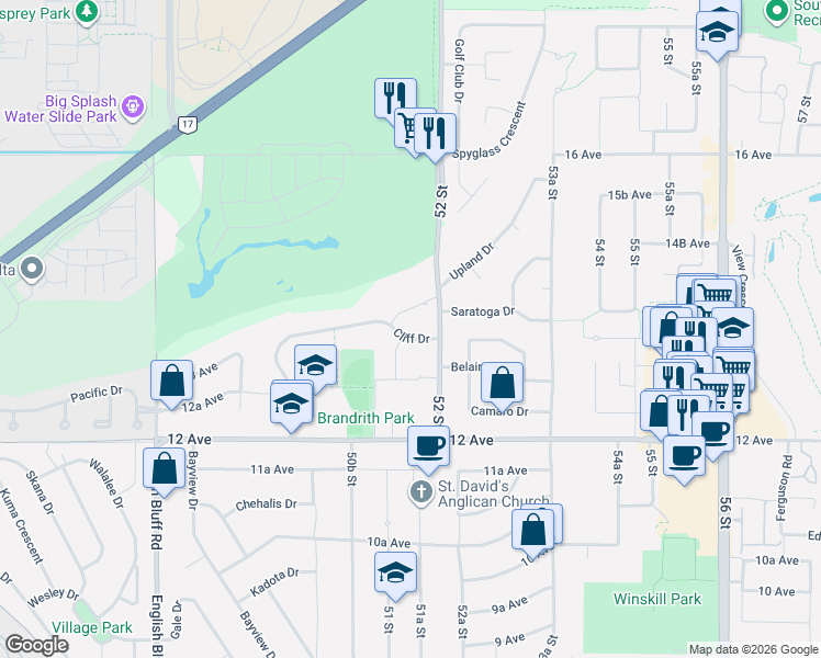 map of restaurants, bars, coffee shops, grocery stores, and more near 5153 Cliff Drive in Delta