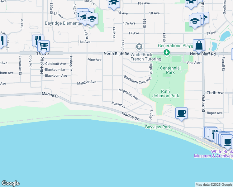 map of restaurants, bars, coffee shops, grocery stores, and more near 14366 Magdalen Avenue in White Rock