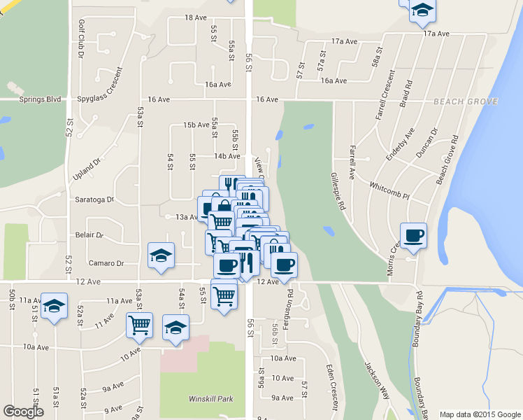 map of restaurants, bars, coffee shops, grocery stores, and more near 1350 View Crescent in Delta