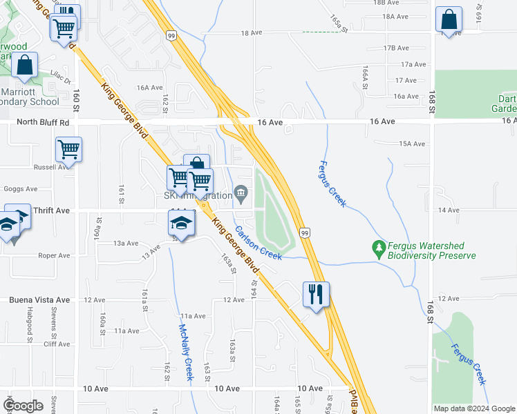 map of restaurants, bars, coffee shops, grocery stores, and more near 1400 164 Street in Surrey