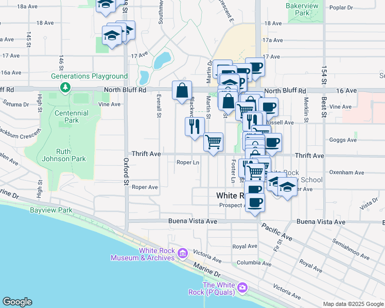 map of restaurants, bars, coffee shops, grocery stores, and more near Blackwood Street in White Rock